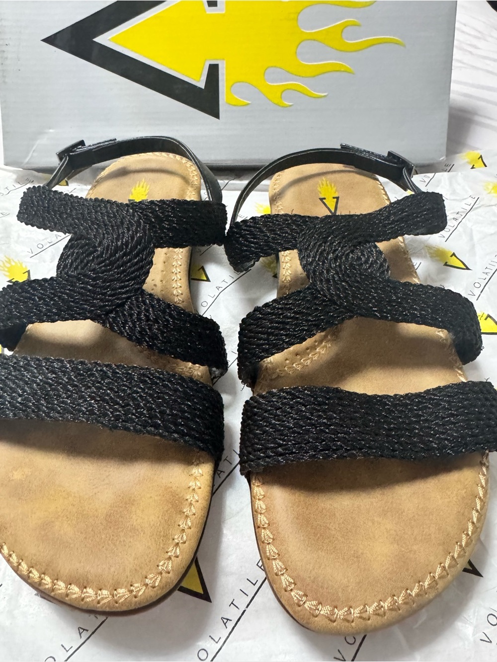 Volatile Black Braided Strap Sandals with Tan Footbed